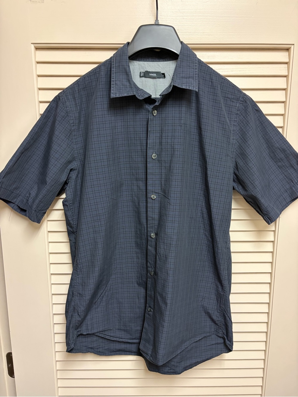 Vince Mens M Blue Plaid Button Up Shirt Short Sleeve 100% Cotton Casual Luxury